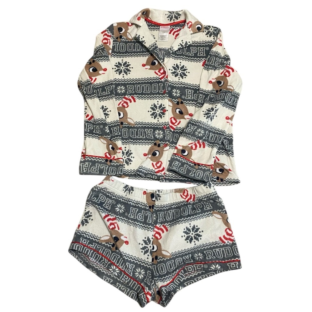 2 Piece Rudolph Red Nose Reindeer Pajama Set - Size Small Cream and Gray